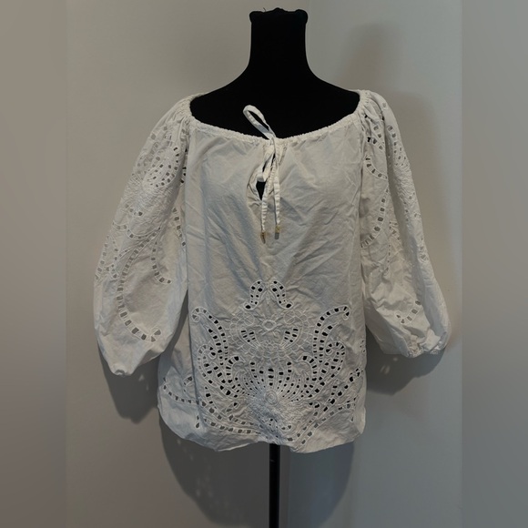 LAUREN by RALPH LAUREN White Boho Eyelet Lace Poet Peasant Blouse Small - Picture 2 of 6